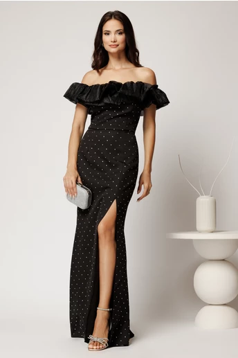 Rochie Hannah lunga neagra din stofa cu strasuri si guler din organza