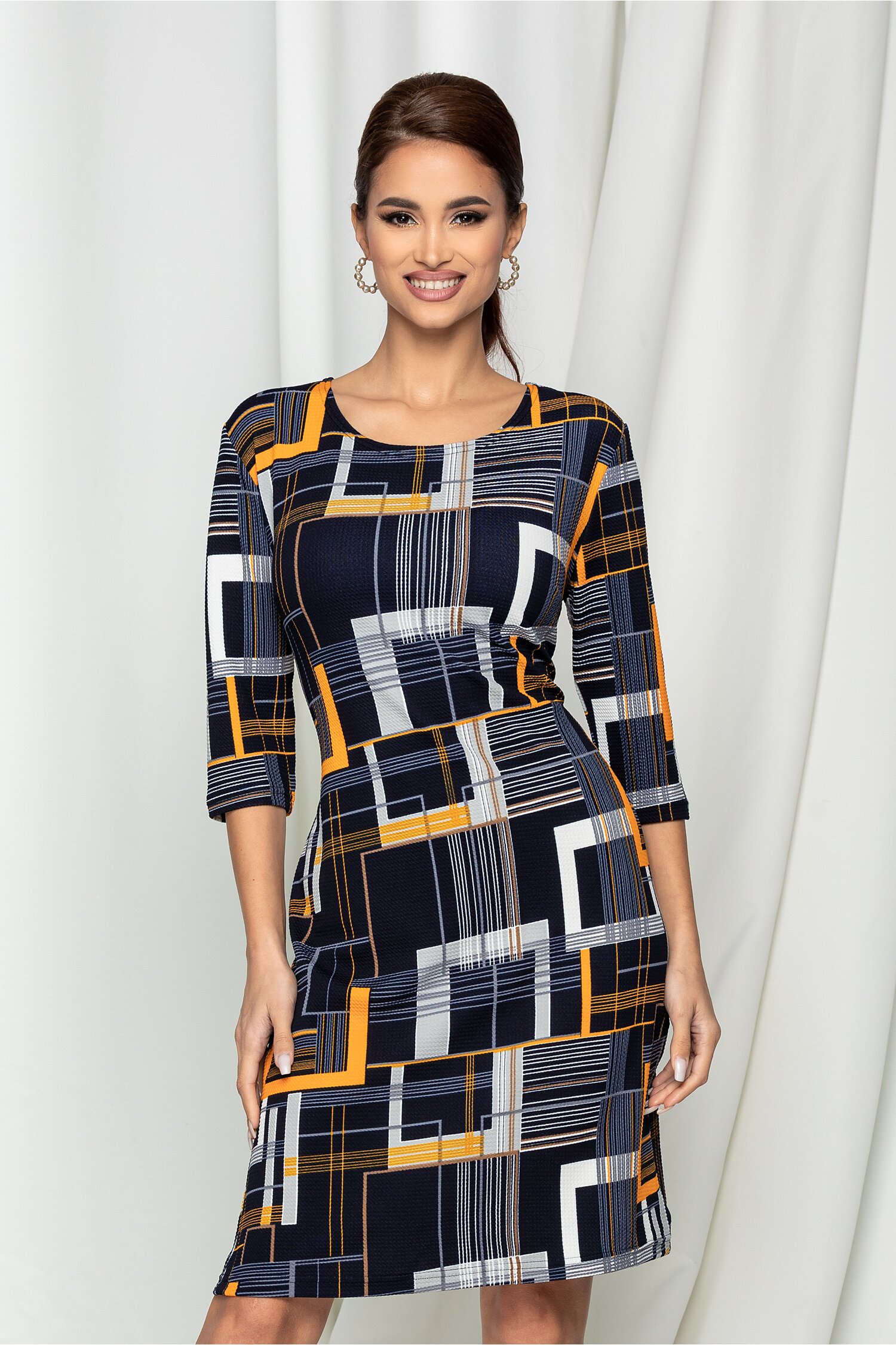 Rochie ildi bleumarin cu imprimeuri orange