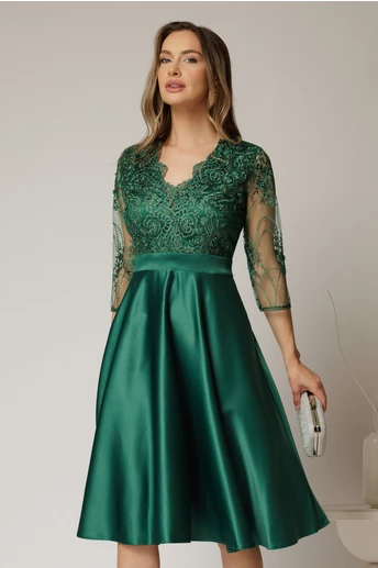 Rochie Inna midi verde din tafta in clos cu dantela la bust
