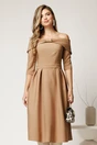 Rochie Irene midi bej in clos cu umerii goi si funda la bust, 1, dyfashion.ro