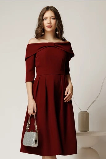 Rochie Irene midi bordo in clos cu umerii goi si funda la bust