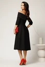 Rochie Irene midi neagra in clos cu umerii goi si funda la bust, 2, dyfashion.ro