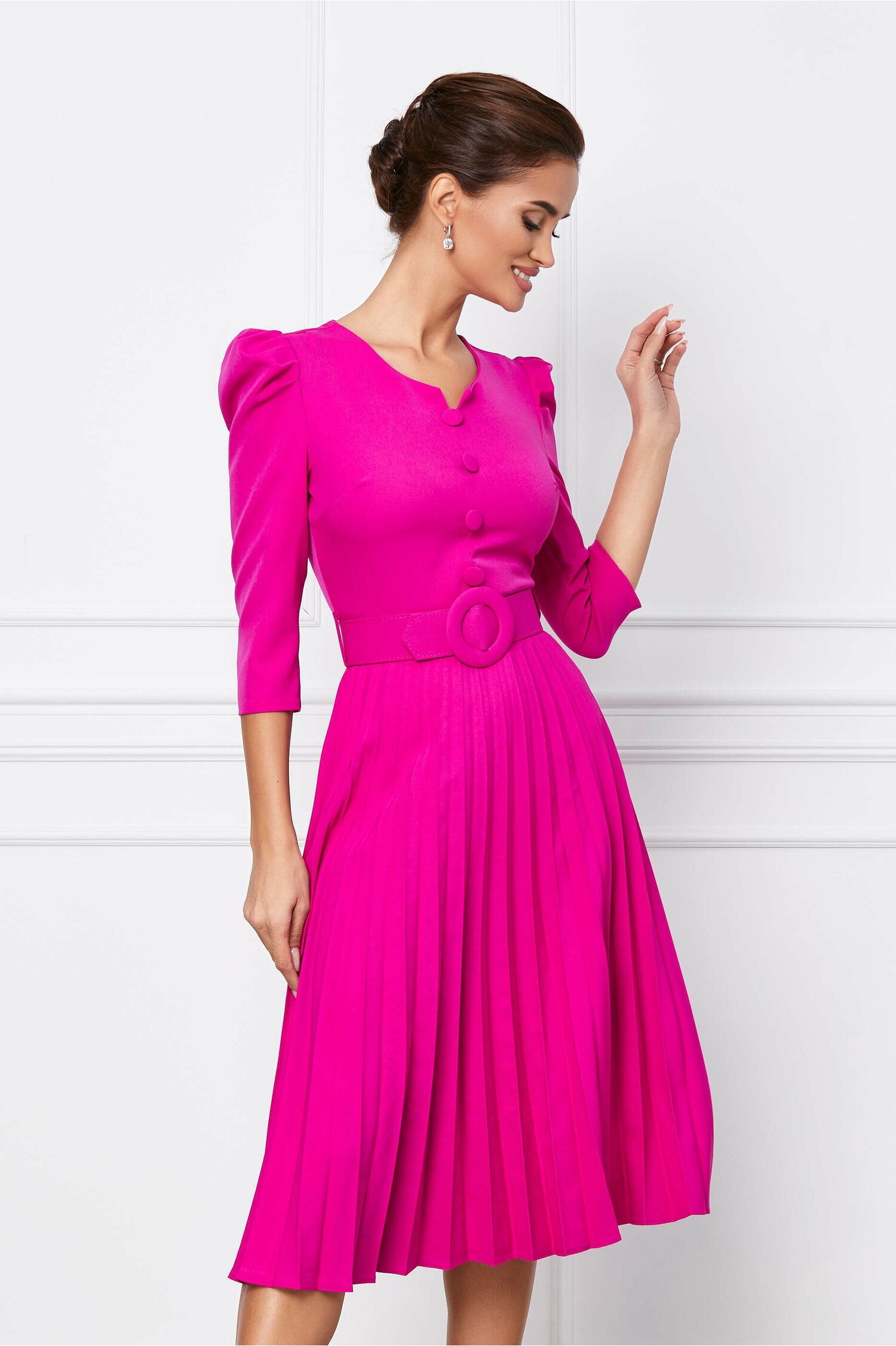 Rochie Jasmin fuchsia cu nasturi la bust si curea in talie - Rochii-Dama.ro