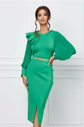 Rochie Jesica verde din neopren cu maneci din voal plisat