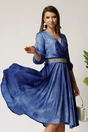Rochie Julia midi albastra din satin in clos cu aspect sidefat si cordon cu strasuri, 1, dyfashion.ro