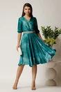Rochie Julia midi turcoaz din satin in clos cu aspect sidefat si cordon cu strasuri, 3, dyfashion.ro