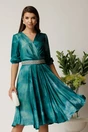 Rochie Julia midi turcoaz din satin in clos cu aspect sidefat si cordon cu strasuri, 1, dyfashion.ro