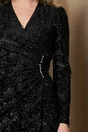 Rochie Julyet neagra cu insertii din fir lurex si model floral catifelat