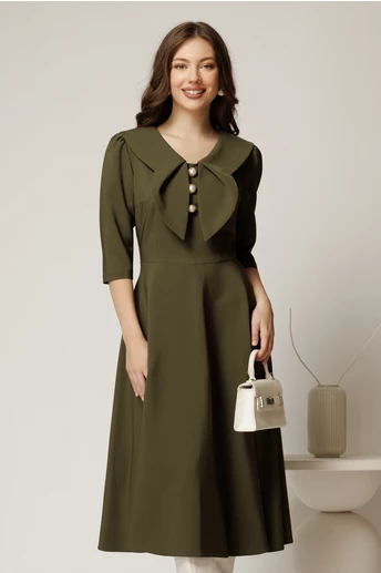 Rochie kaki clos de ocazie cu guler maxi si nasturi perluta