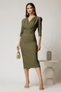 Rochie kaki conica cu decolteu petrecut si cordon in talie, 3, dyfashion.ro