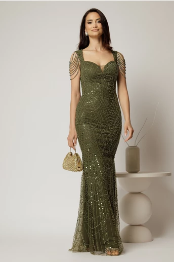Rochie kaki de seara croi sirena cu aplicatii de paiete si margele
