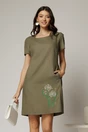 Rochie kaki din in cu flori brodate si croi drept, 1, dyfashion.ro