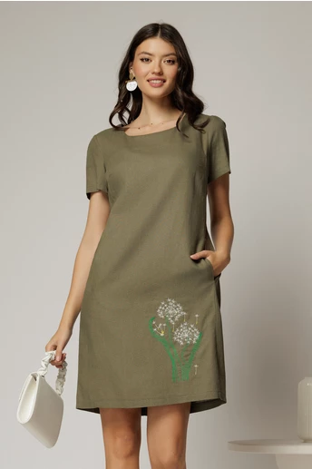 Rochie kaki din in cu flori brodate si croi drept