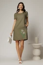 Rochie kaki din in cu flori brodate si croi drept, 3, dyfashion.ro