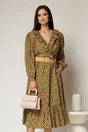 Rochie kaki din viscoza cu imprimeu floral si curea in talie, 1, dyfashion.ro
