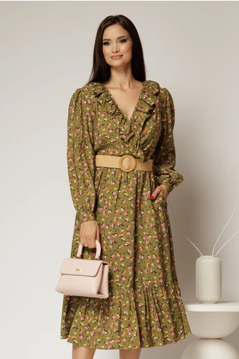 Rochie kaki din viscoza cu imprimeu floral si curea in talie