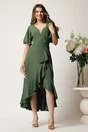 Rochie kaki lunga din voal in clos cu volan si crapatura pe fusta, 1, dyfashion.ro