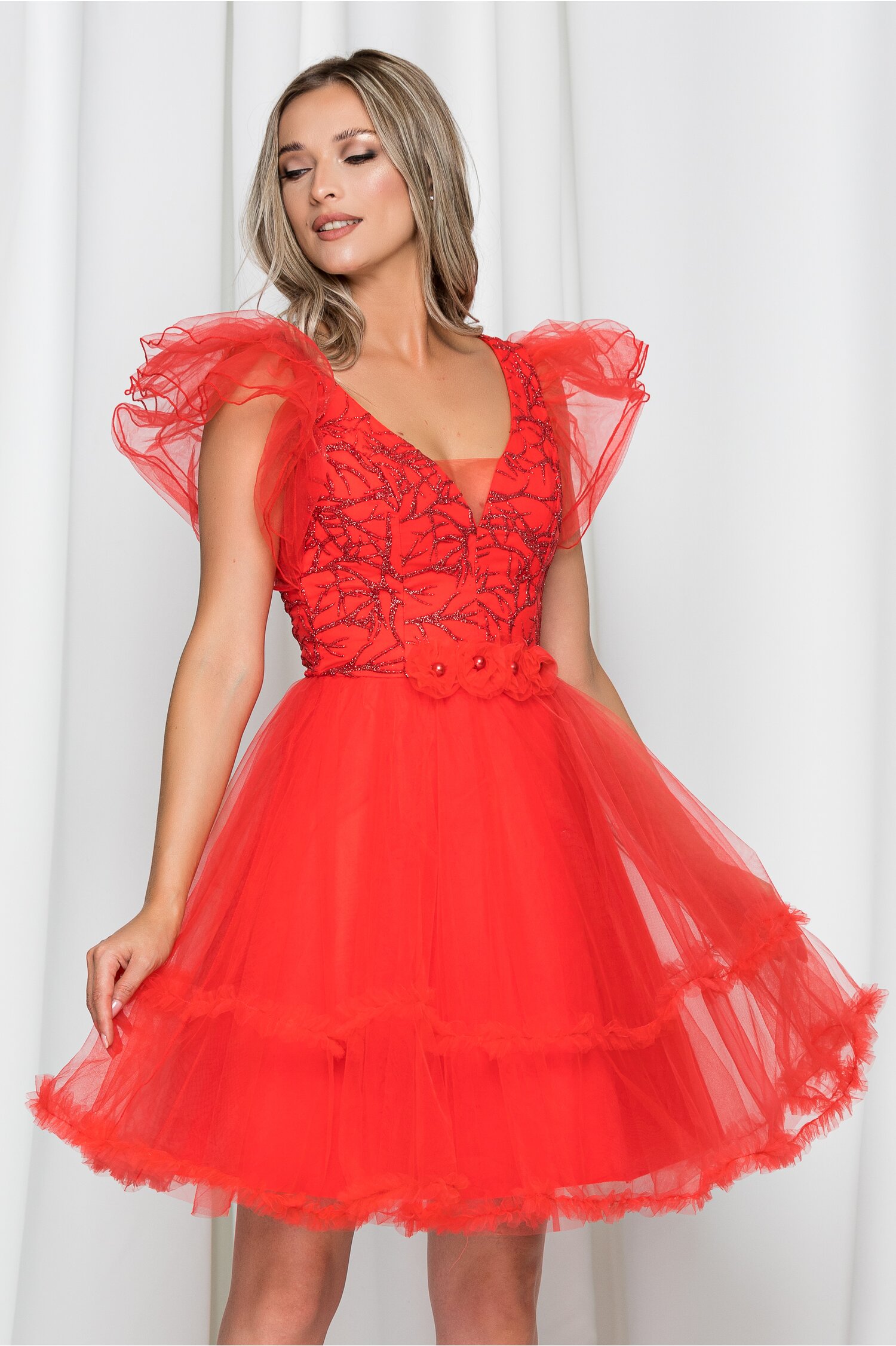 Rochie Kassiopea corai din tulle decorata cu sclipici