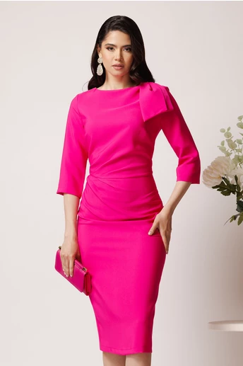 Rochie LaDonna eleganta din stofa fucsia cu funda maxi pe umar si fronseu in talie