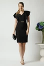 Rochie LaDonna eleganta din stofa neagra cu accesoriu in talie si volane