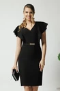 Rochie LaDonna eleganta din stofa neagra cu accesoriu in talie si volane