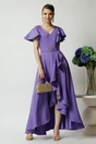 Rochie LaDonna lunga de ocazie din stofa lila cu volane si cordon in talie