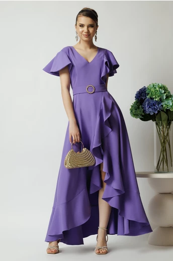 Rochie LaDonna lunga de ocazie din stofa lila cu volane si cordon in talie