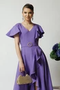 Rochie LaDonna lunga de ocazie din stofa lila cu volane si cordon in talie