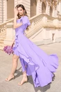 Rochie LaDonna lunga de ocazie din stofa lila cu volane si cordon in talie