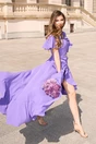 Rochie LaDonna lunga de ocazie din stofa lila cu volane si cordon in talie