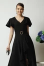 Rochie LaDonna lunga de ocazie din stofa neagra cu volane si cordon in talie
