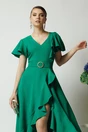 Rochie LaDonna lunga de ocazie din stofa verde cu volane si cordon in talie