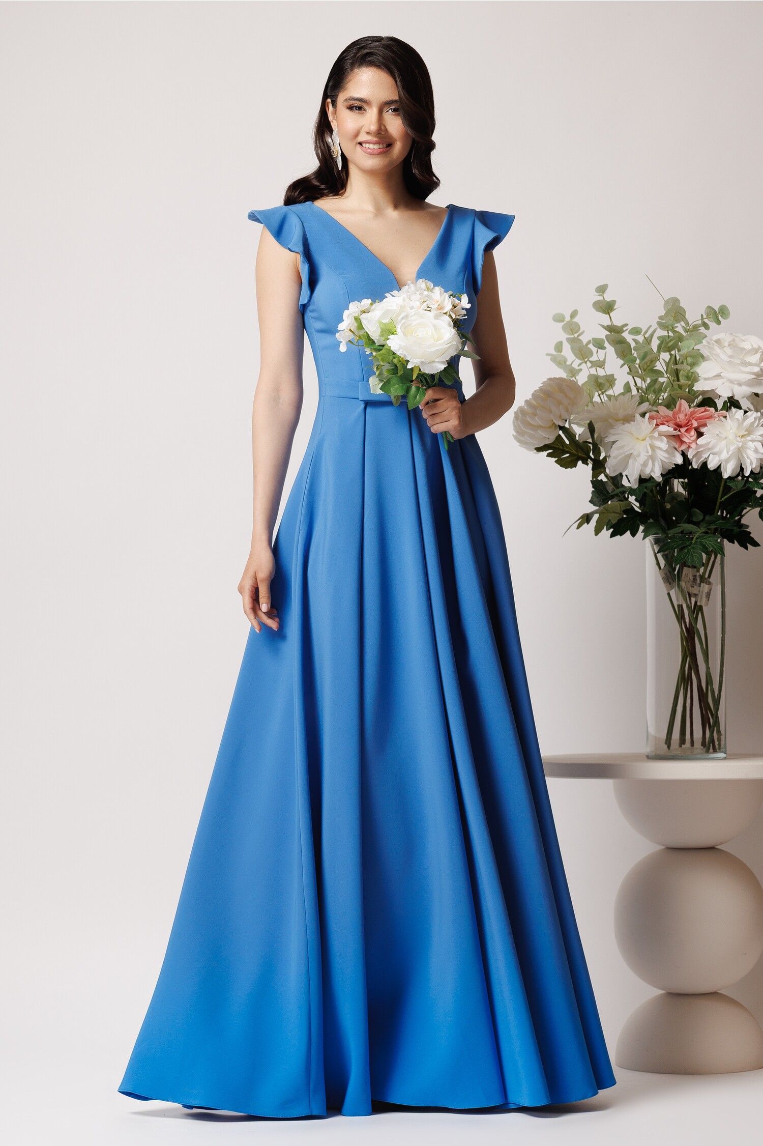 Rochie LaDonna lunga din stofa bleu cu funda in talie