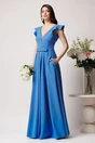 Rochie LaDonna lunga din stofa bleu cu funda in talie, 2, dyfashion.ro