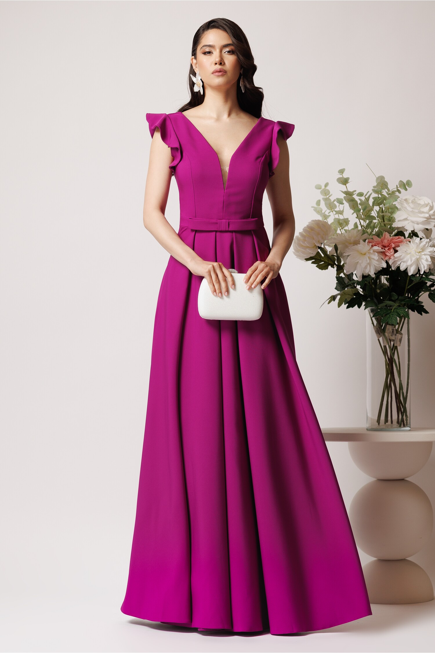 Rochie LaDonna lunga din stofa magenta cu funda in talie