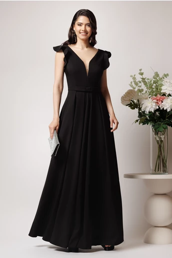Rochie LaDonna lunga din stofa neagra cu funda in talie