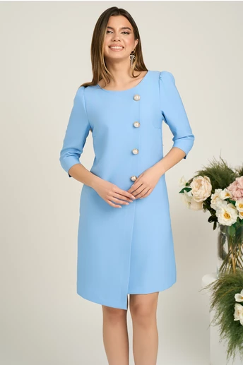 Rochie LaDonna office din stofa bleu cu nasturi perlati