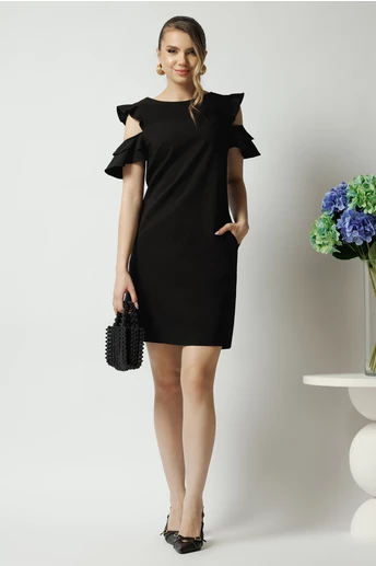 Rochie LaDonna office din stofa neagra cu volane la maneci