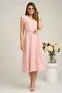 Rochie LaDonna din viscoza roz cu cordon si floare in talie