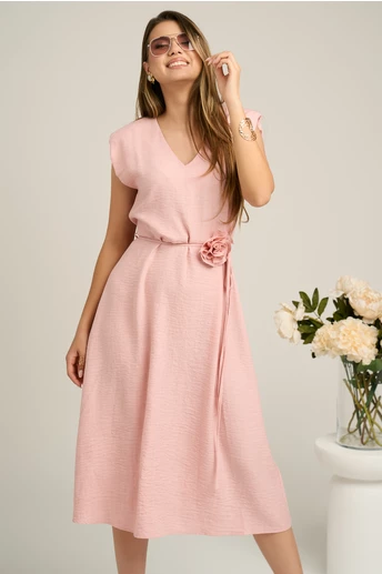 Rochie LaDonna din viscoza roz cu cordon si floare in talie