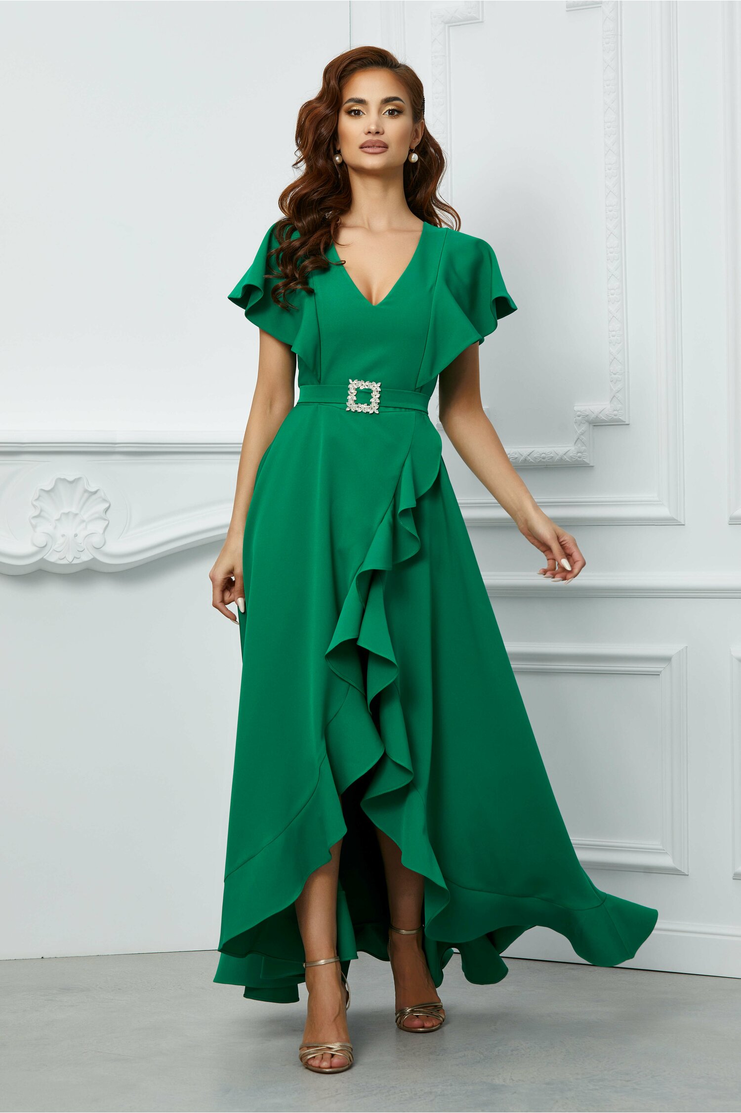 Rochie ladonna verde cu crepeu maxi si aplicatie stralucitoare in talie