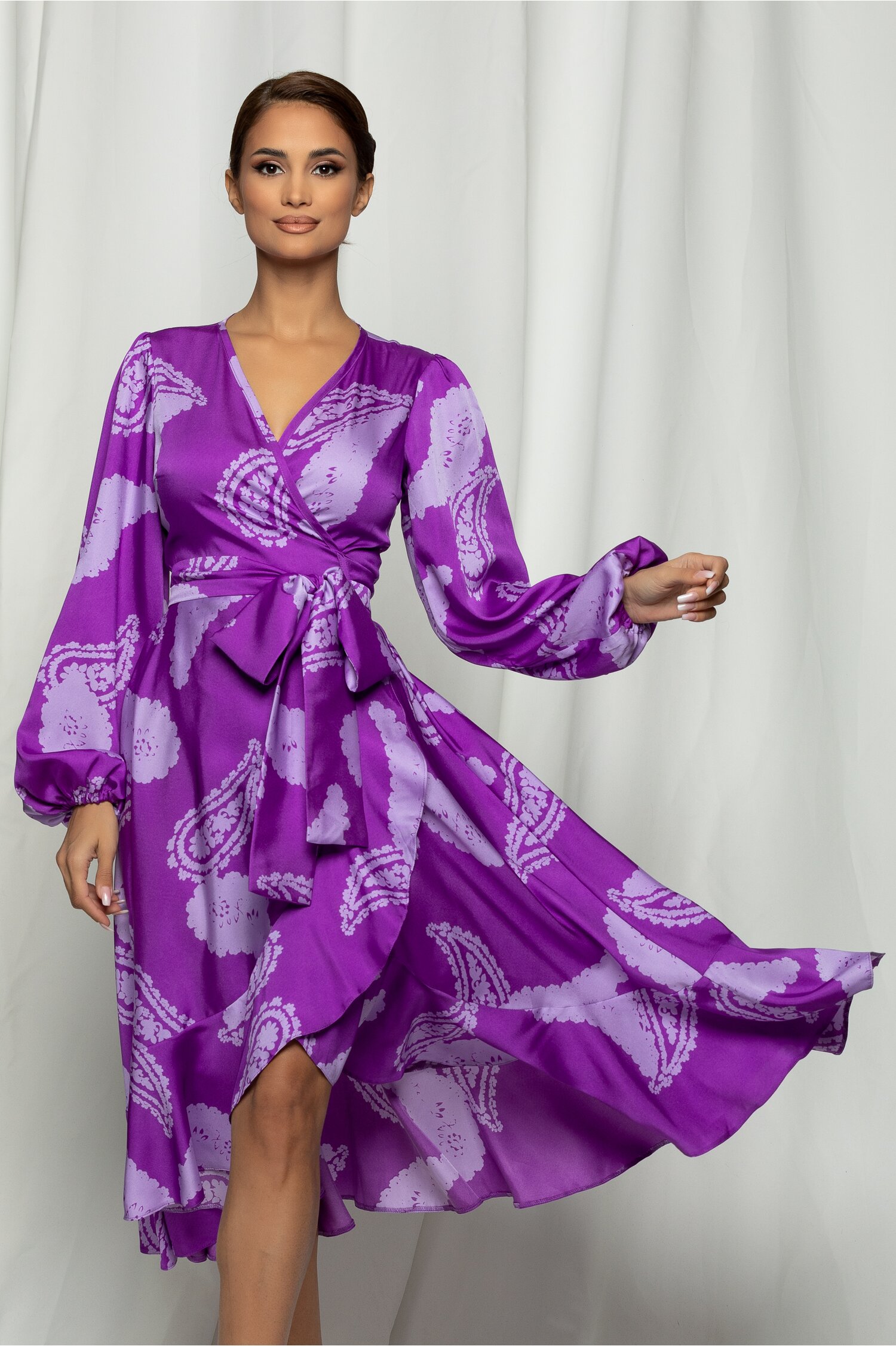 Rochie LaDonna violet cu imprimeu floral petrecuta cu volanase 2023 ❤️ Pret Super dyfashion imagine noua 2022