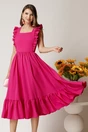 Rochie Lauren midi fucsia din triplu voal cu volane si spatele gol, 1, dyfashion.ro