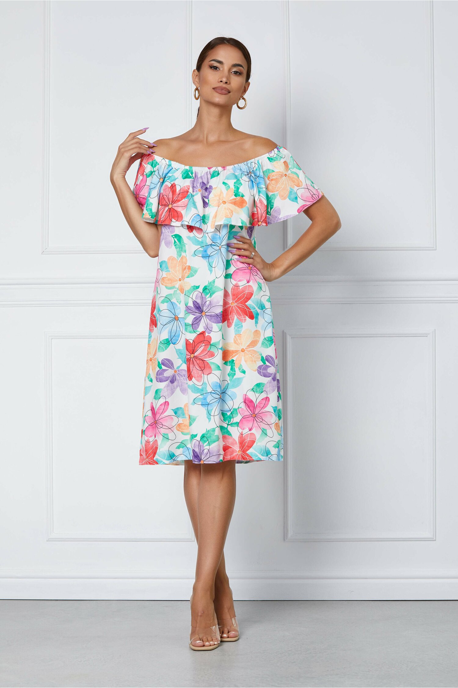 Rochie cu imprimeu floral Lena alba rosu-bleu