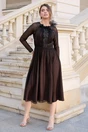 Rochie Leonard Collection din matase naturala neagra cu dublura bej si volanas pe bust