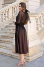 Rochie Leonard Collection din matase naturala neagra cu dublura bej si volanas pe bust