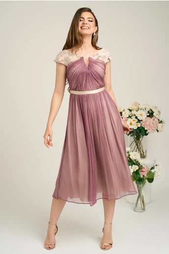 Rochie Leonard Collection eleganta din matase naturala lila cu floricele pe umeri
