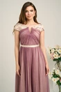 Rochie Leonard Collection eleganta din matase naturala lila cu floricele pe umeri