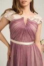 Rochie Leonard Collection eleganta din matase naturala lila cu floricele pe umeri
