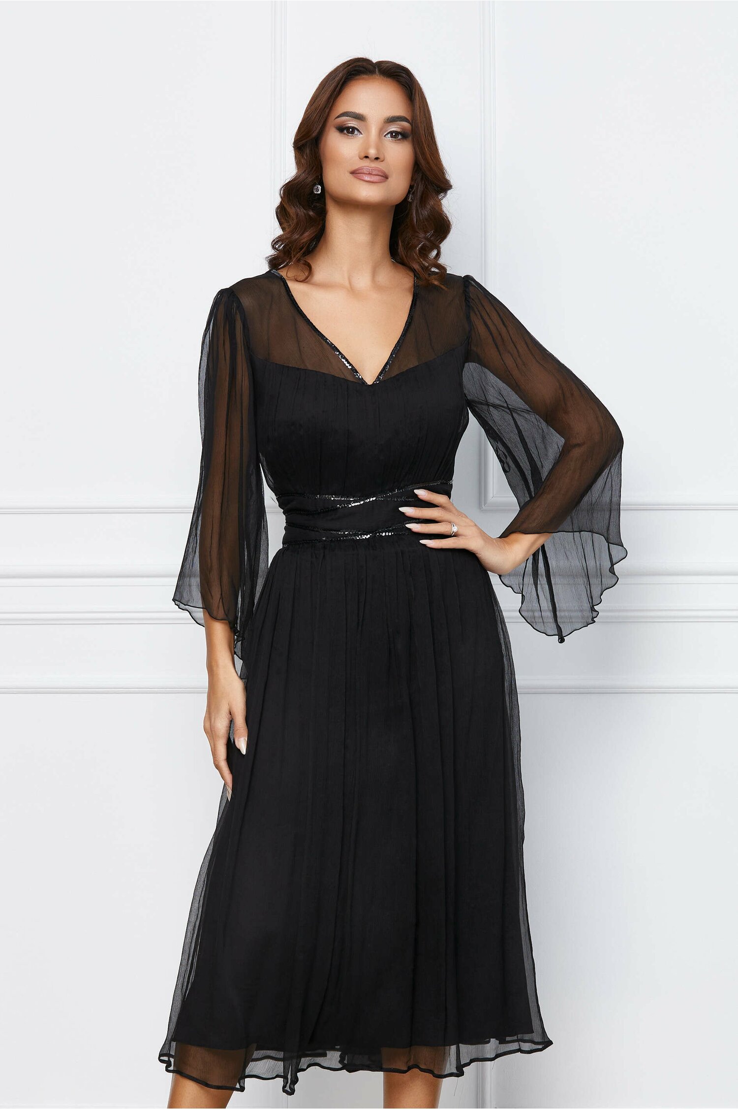 Rochie Leornard Collection neagra din matase cu paiete in talie - Rochii-Dama.ro